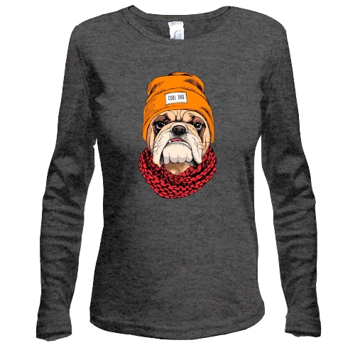 Женский лонгслив, Серый меланж, с бульдогом (Cool dog)