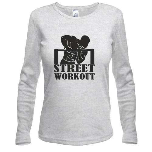 Женский лонгслив, белый, с атлетом на турнике и надписью Workout