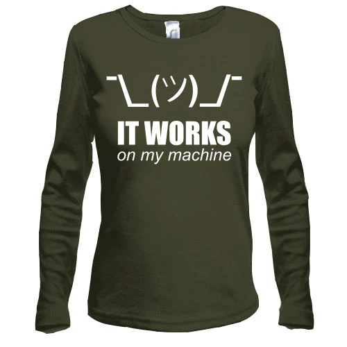 Жіночий лонгслів, хакі, з написом "It works on my machine"