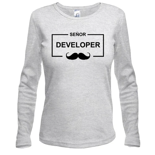 Женский лонгслив, Серый меланж, с надписью "Senior Developer"