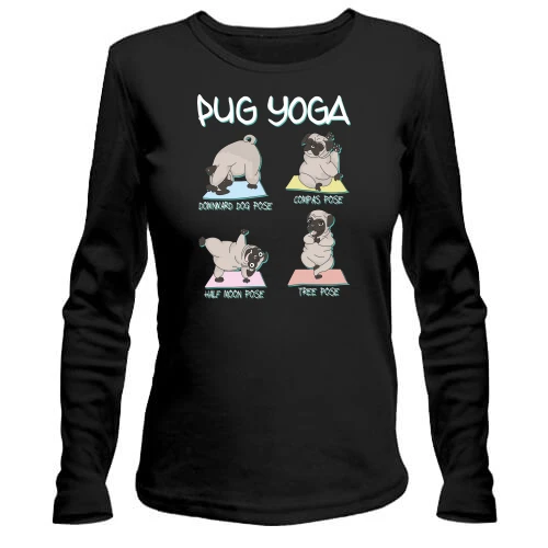 Женский лонгслив, Черный, Pug Yoga Мопс Йога