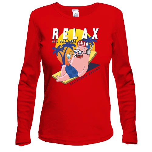 Женский лонгслив, серый меланж, с человечком и надписью Relax