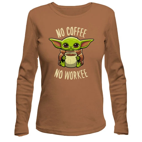 Жіночий лонгслів, бежевий, Baby Yoda No coffee No work