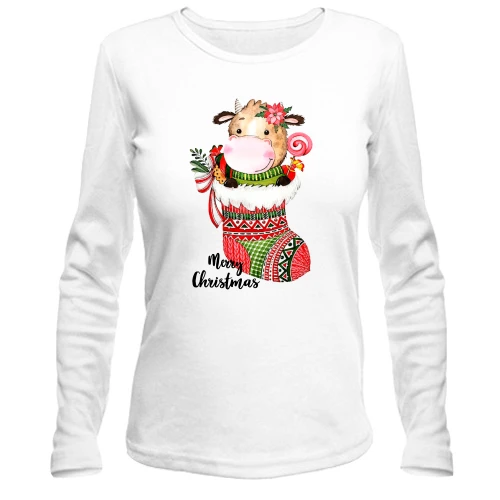 Женский лонгслив, Белый, с бычком Merry Christmas