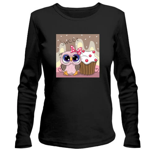 Женский лонгслив Baby owl with cupcake