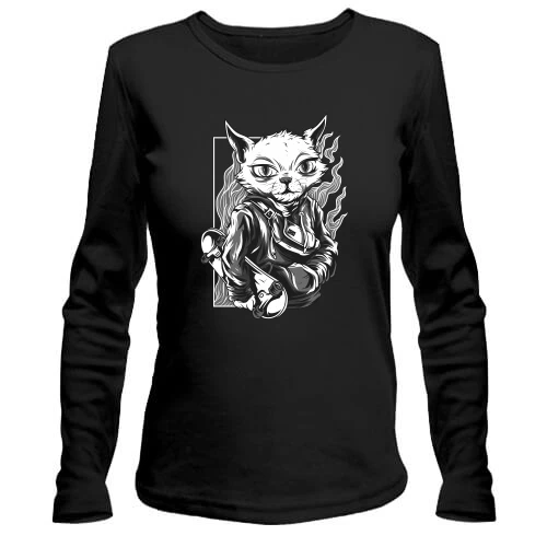Женский лонгслив Cat with skate black and white