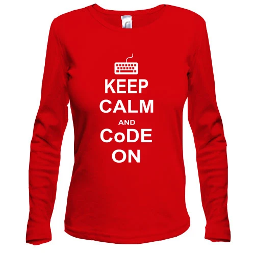 Женский лонгслив, красный, Keep calm and code on