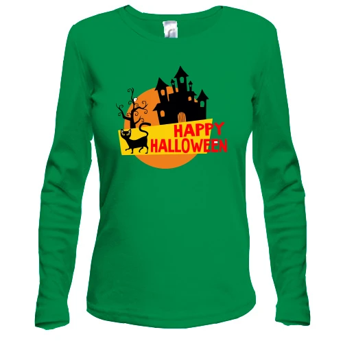 Женский лонгслив с чёрным котом и замком "Happy Halloween"