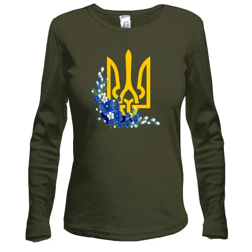 Женский лонгслив, Хаки, с гербом Украины в цветах