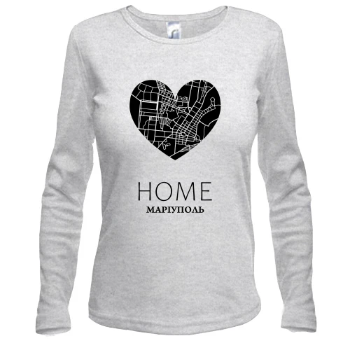 Женский лонгслив, серый меланж, с сердцем "Home Мариуполь"