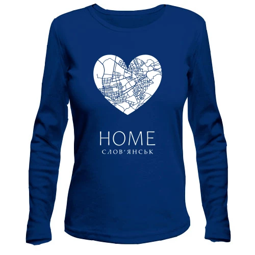 Женский лонгслив, синий, с сердцем "Home Славянск"