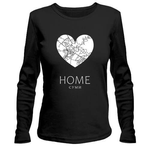Женский лонгслив, черный, с сердцем "Home Луганск"