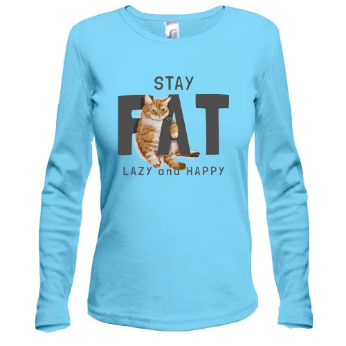 Женский лонгслив, синий, с котиком "Fat Lazy and Happy"