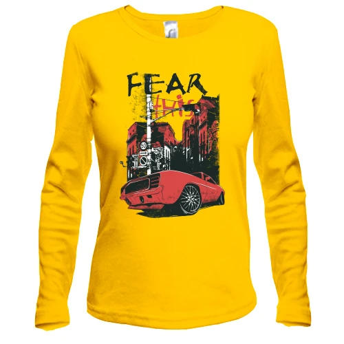 Женский лонгслив, желтый, c машиной и надписью "Fear this"