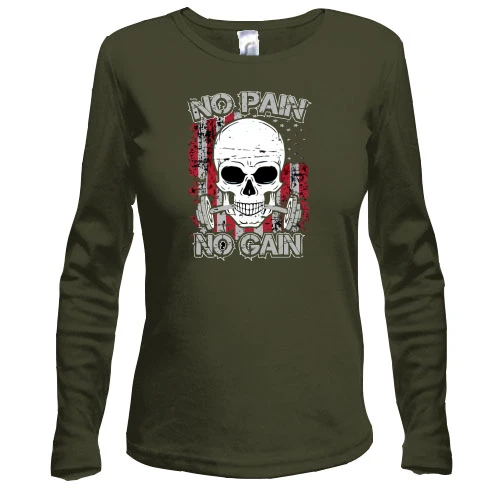 Женский лонгслив NO PAIN NO GAIN с черепом и штангой