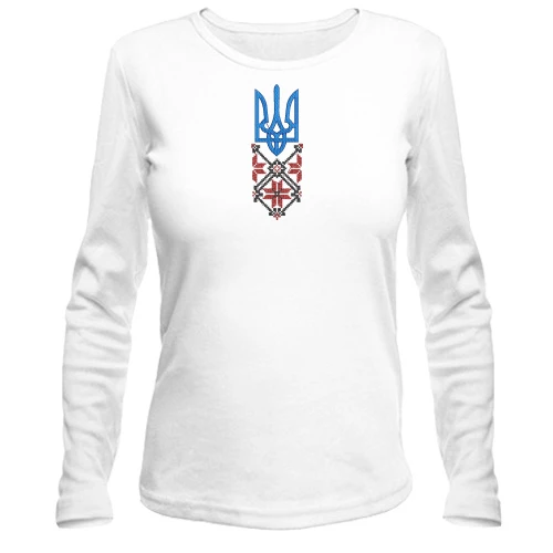 Жіночий лонгслів, Синій, із синім тризубом і червоно-чорним орнаментом