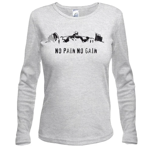 Женский лонгслив, Серый меланж, с атлетом со штангой «No pain no gain»