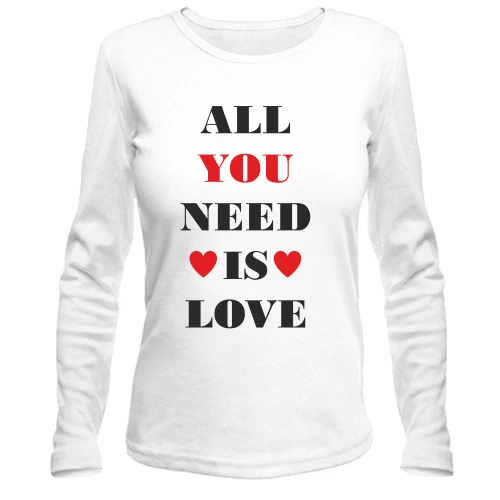 Женский лонгслив с надписью «All you need is love» и сердцами