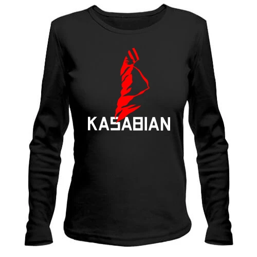 Женский лонгслив с логотипом рок-группы Kasabian и красным силуэтом лица в маске