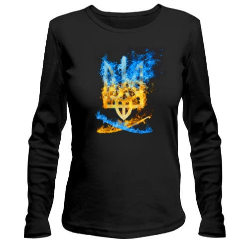 Женский лонгслив, Черный, с огненным тризубом