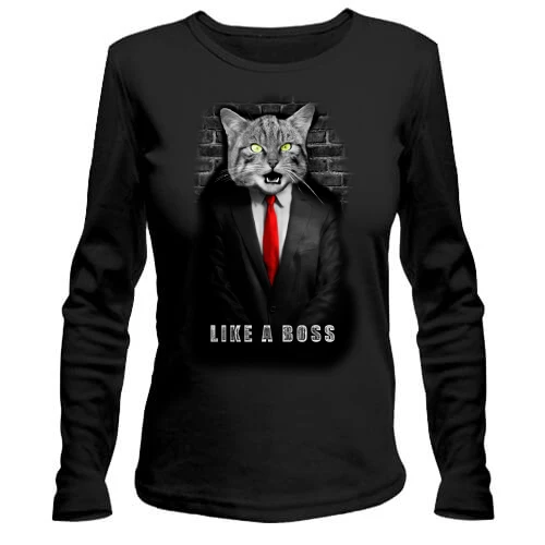 Женский лонгслив, черный, с котом в пиджаке "Like a Boss"