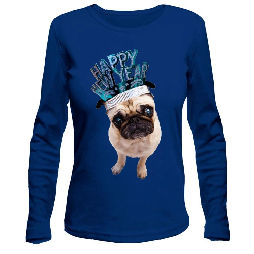 Женский лонгслив, Синий, с мопсом Happy New Year
