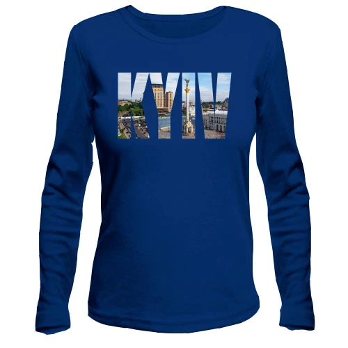 Женский лонгслив, синий, с надписью «KYIV» и панорамой Майдана