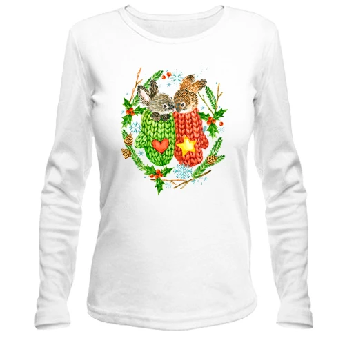 Жіночий лонгслів, білий, з зайцями в рукавичках