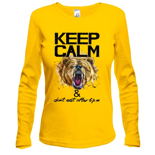 Женский лонгслив, желтый, с медведем Keep calm & dont eat after 6 pm