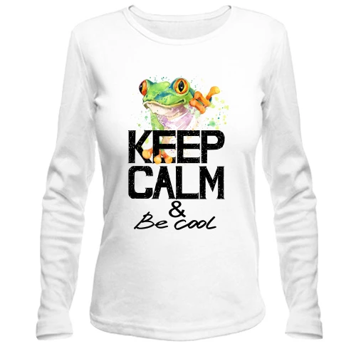 Женский лонгслив, белый, с лягушкой Keep calm & be cool