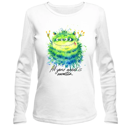 Женский лонгслив, белый, с монстром 4 глаза "all you need is monster"