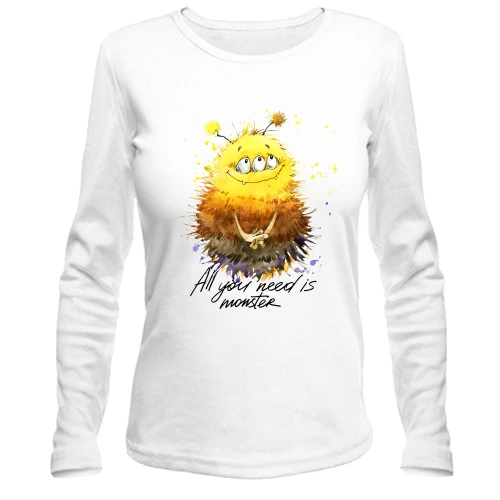 Женский лонгслив, белый, с монстром (3 глаза) "all you need is monster"