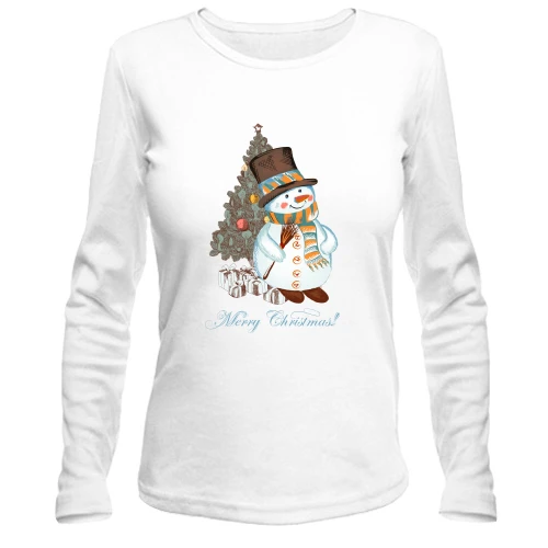 Женский лонгслив, Белый, со снеговиком "Merry Christmas!"