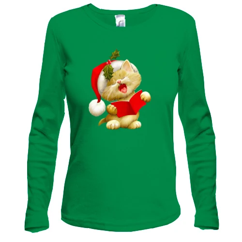 Жіночий лонгслів, зелений, з Різдвяним кошеням