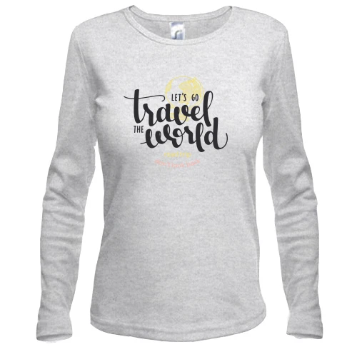 Женский лонгслив, Белый, c надписью "travel the world"