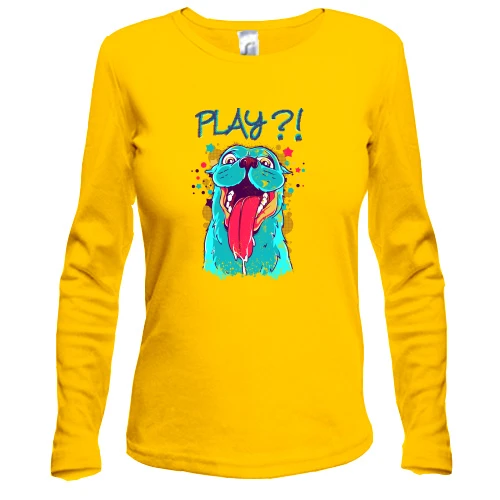 Женский лонгслив, желтый, с собачкой "Play?!"