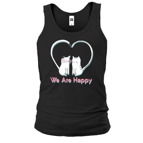 Чоловіча майка із парою закоханих котів, чиї хвости утворюють серце, та написом «We Are Happy»