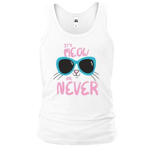 Мужская майка с мордочкой кота в солнцезащитных очках и надписью «It's Meow or Never»