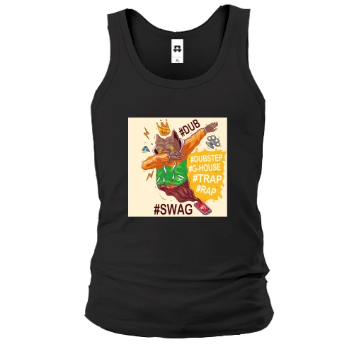 Мужская майка с бульдогом в позе дэб, золотой короной и хэштегами #SWAG, #RAP, #DUBSTEP