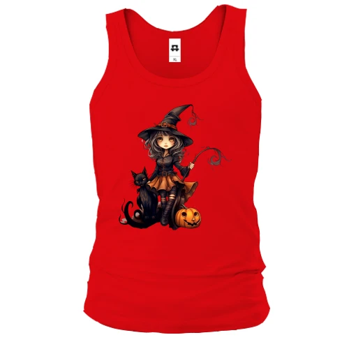 Мужская майка с Halloween-ведьмой, котиком и улыбающейся тыквой
