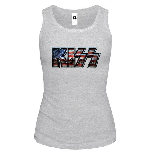 Женская майка, серый меланж, KISS на американском флаге