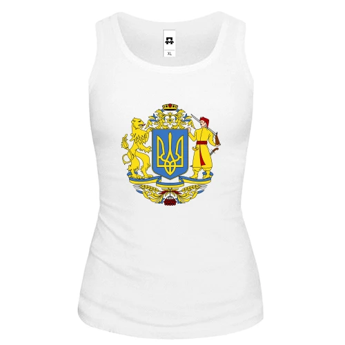 Женская майка с большим гербом Украины, львом и казаком