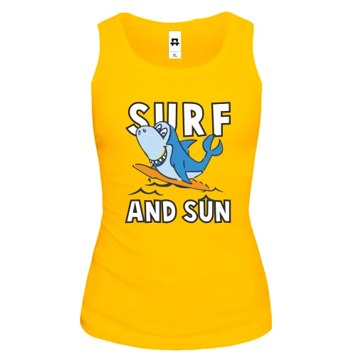 Женская майка с акулой серфингистом и надписью "Surf and sun"