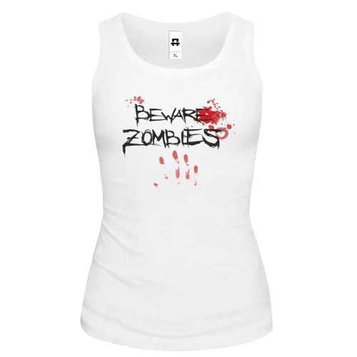 Женская майка Beware Zombies с кровавым отпечатком