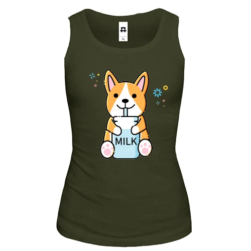 Женская майка, хаки, Corgi drinks Milk