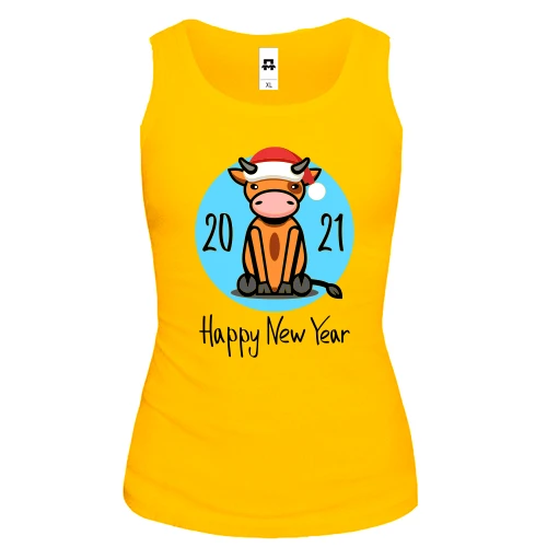 Женская майка, желтый, с бычком Happy New Year