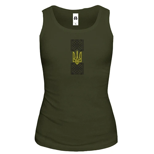 Женская майка, хаки, с черной вышиванкой и оливковым тризубом