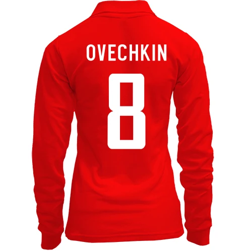Женский лонгслив поло с фамилией OVECHKIN и хоккейным номером 8