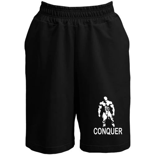Женские  шорты, Черный, с бодибилдером и надписью «Conquer»