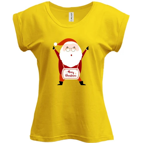 Футболка женская PANI, Желтый, с весёлым Сантой "Merry Christmas"
